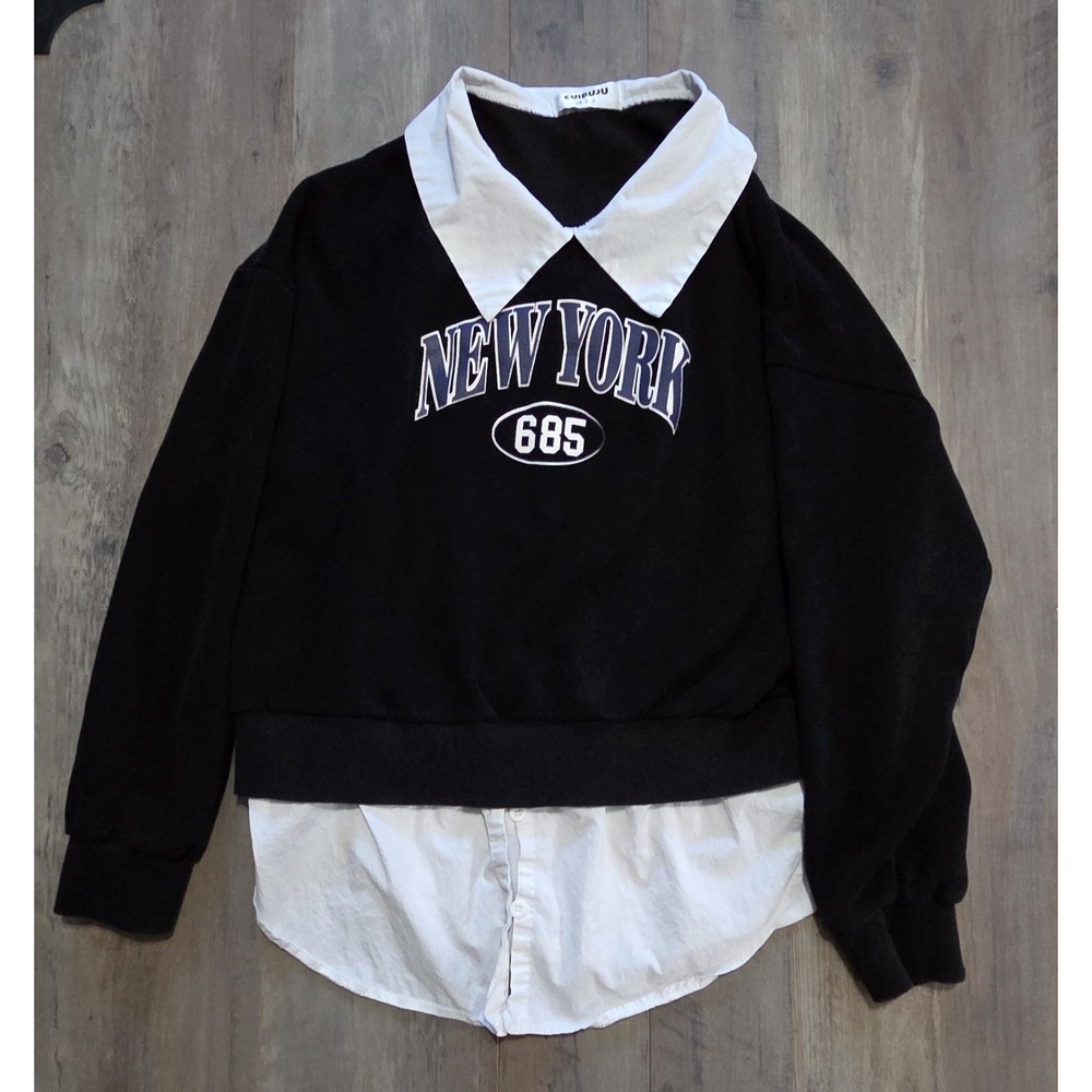 Cuibuju Black New York 685 Sweater With Collared Shirt Appearance Women L-XL